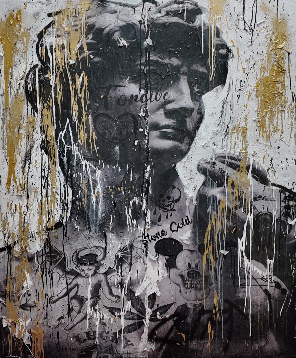Andrew Cotton Stone Cold: grayscale classical sculptural figure with tattoo-like words, cartoon motifs, and gold-toned and white paint drips.