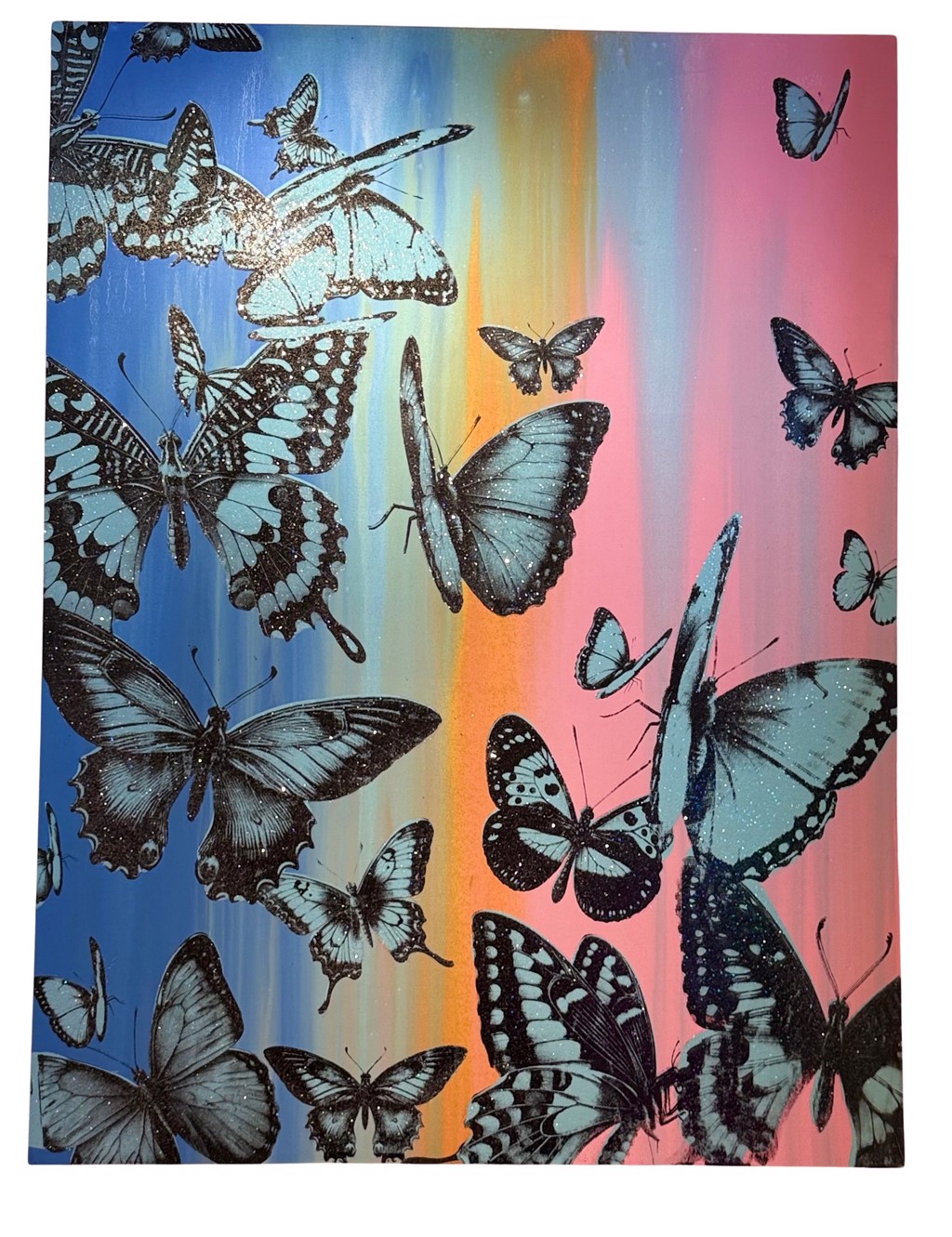 Punk Me Tender painting with blue-and-black butterfly silhouettes of different sizes against vertical bands of blue, yellow, orange, and pink.