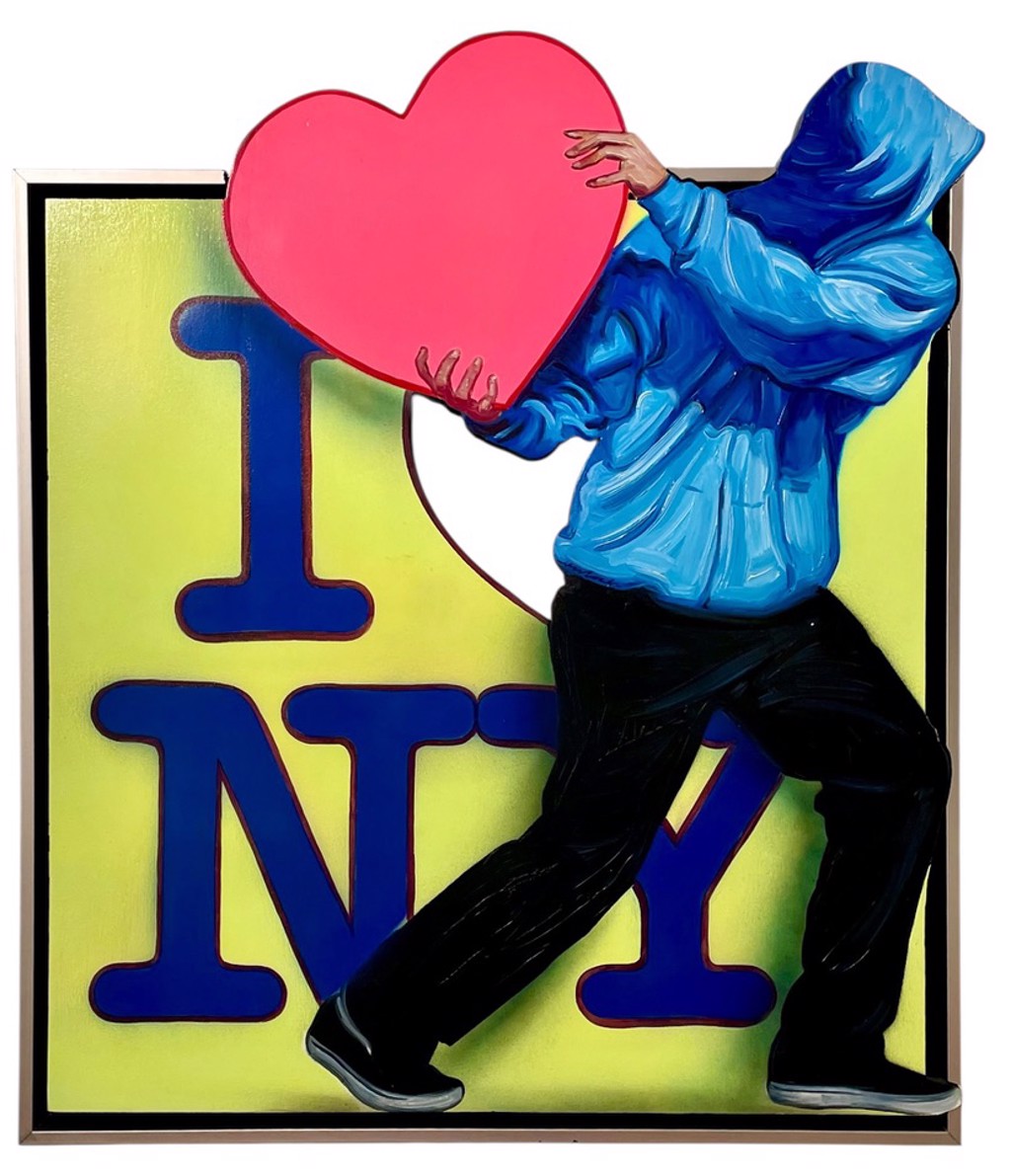 Hijack I Love Struck: a blue-hooded figure carries a bright pink heart away from a yellow I Love NY panel, stepping beyond its frame.