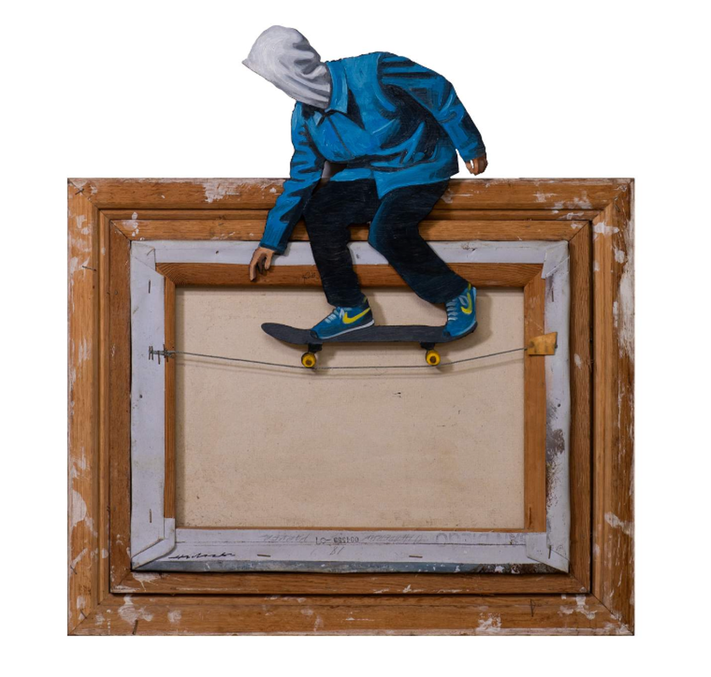 Hijack Skater on Wire: blue-jacketed skateboarder balancing on a hanging wire across the back of a wooden-framed canvas.