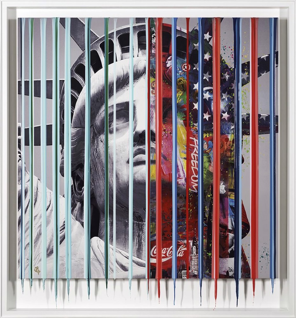 Srinjoy Lady Liberty: Statue of Liberty portrait divided by vertical strips with American flag stars and colorful collage imagery.