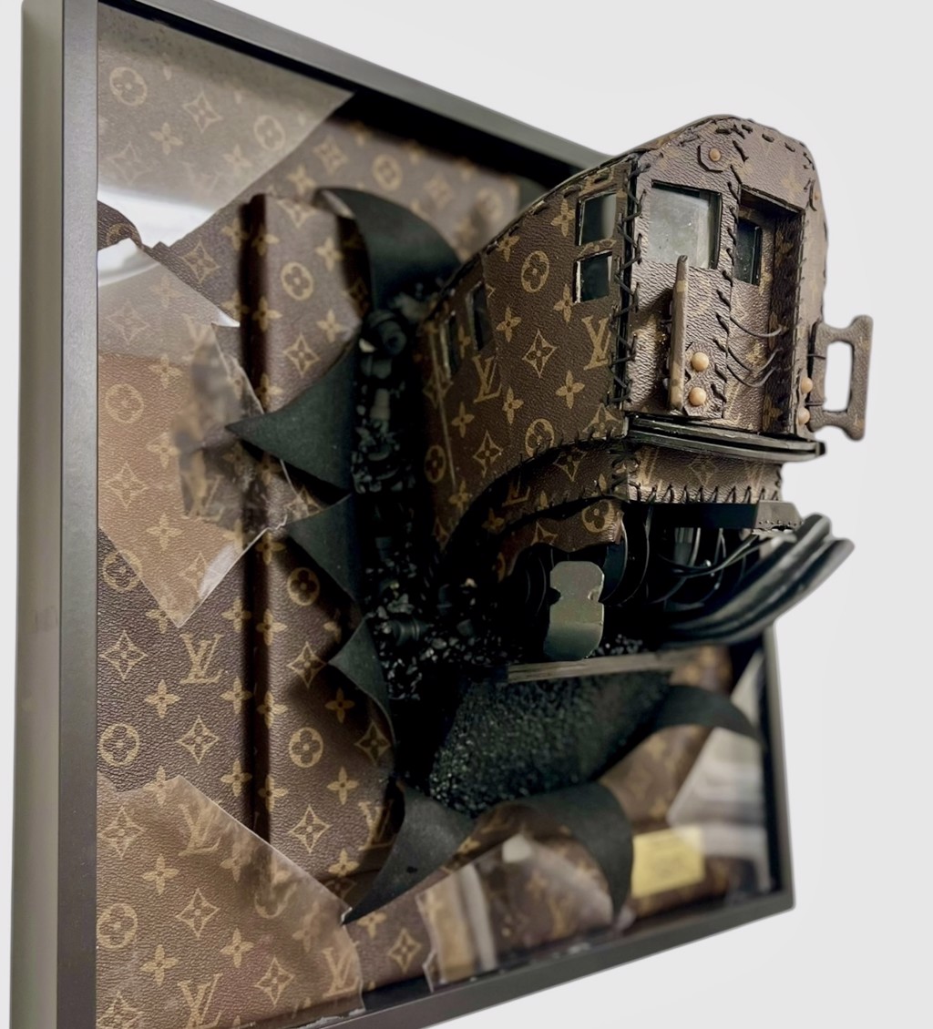 Orus Subway Series NYC (Louis Vuitton) 032: brown monogram-covered subway car projecting from a matching panel above dark rails.