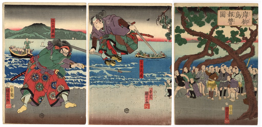 Miyamoto Musashi, fencing with two sticks, makes a leap as he