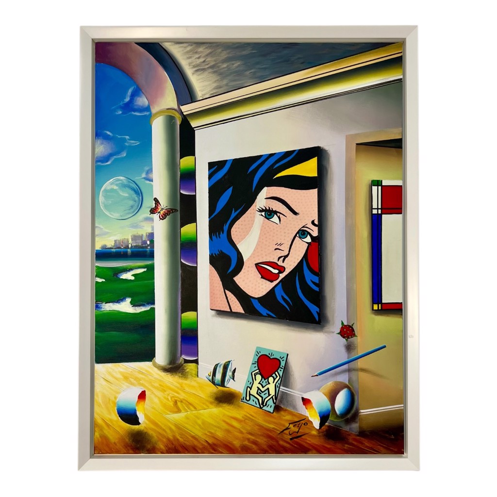 Ferjo Echoes of Her Mind: surreal gallery interior with a pop-art woman’s portrait, column, floating sphere, and open landscape.