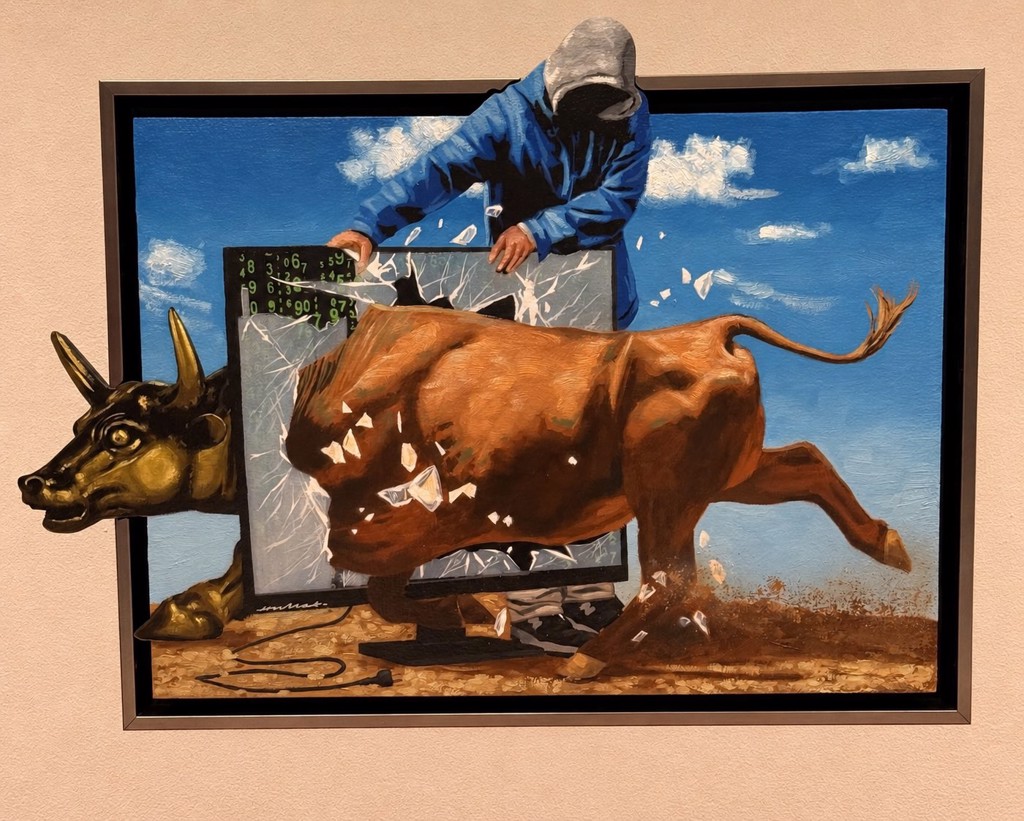 Hijack Take Charge: charging bull breaking through a computer monitor and frame beneath a hooded figure against a blue sky.