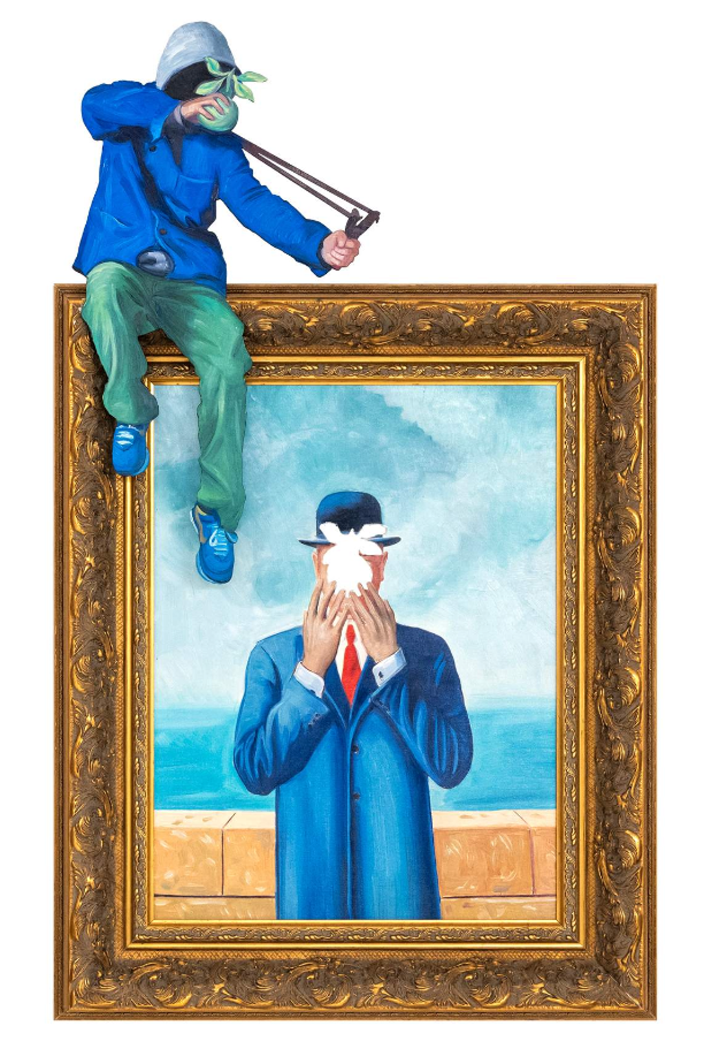 Hijack Bullseye: a hooded figure with a slingshot sits atop a gold frame above a bowler-hatted man covering his face.