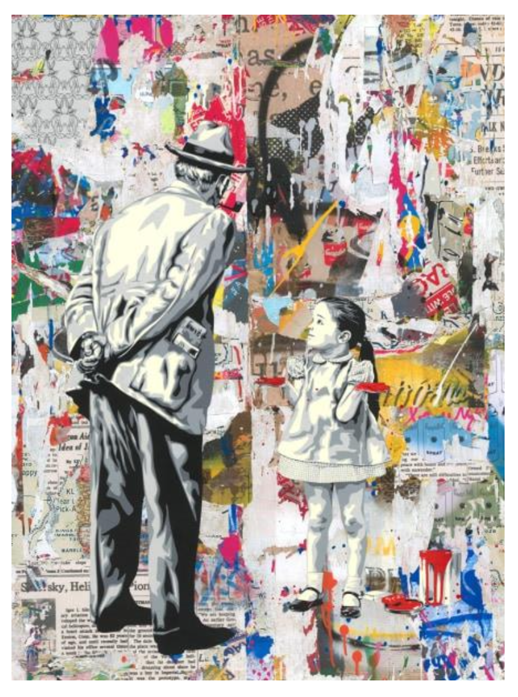 Mr. Brainwash Caught Red-Handed Hand Signed Unique (1/1): man in a hat facing a girl with a red-painted brush against a colorful layered background.
