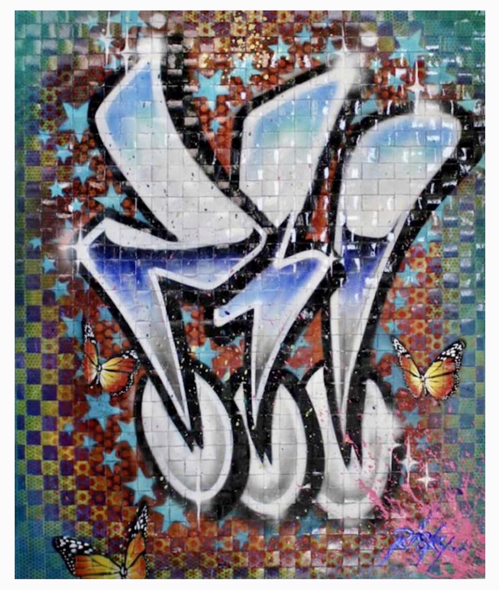RISK WTF Icon: silver-and-blue graffiti forms over a colorful woven checkerboard with butterflies and stars.