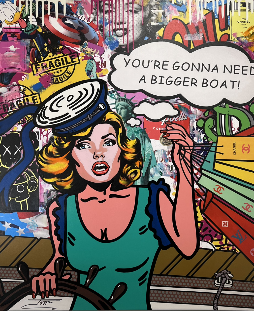 Jozza Bigger Boat: Comic-book woman in a green dress at a boat wheel beneath a “bigger boat” speech bubble and a colorful pop-art background.