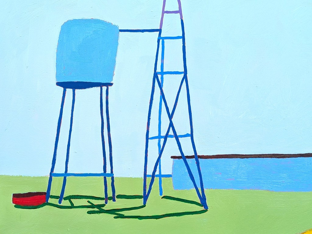 “American Rural, Windmill” Contemporary Colorful Pastoral Landscape Painting by Jacob Spacek