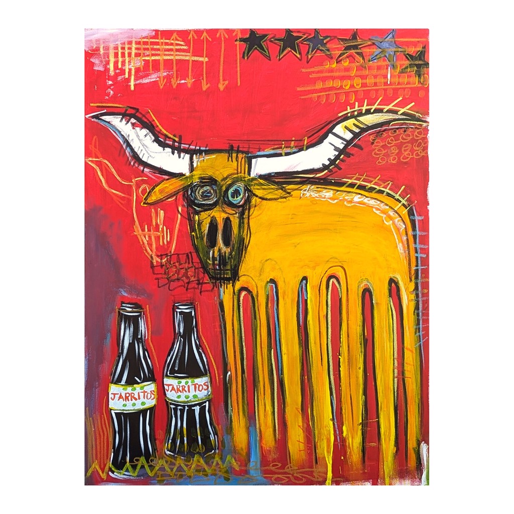 Contemporary Colorful Red Toned Abstract Longhorn and Jarritos Painting by Ramon Severino