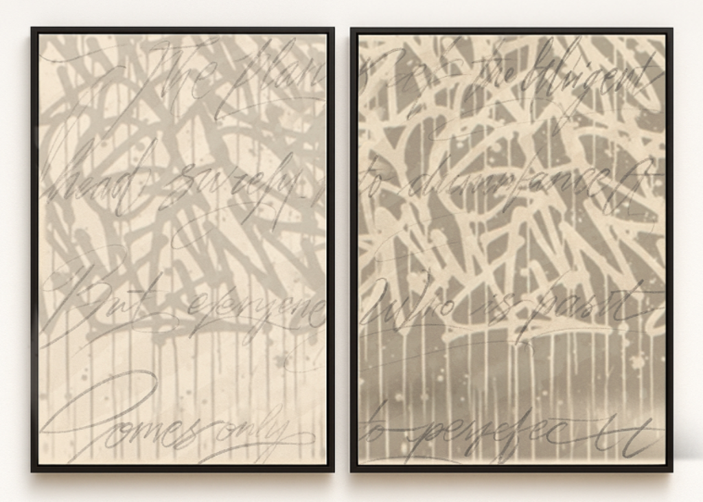 Tom Kiewra Letter One & Two 1/1: two dark-framed cream and gray panels with angular brush marks, cursive writing, and vertical paint drips.