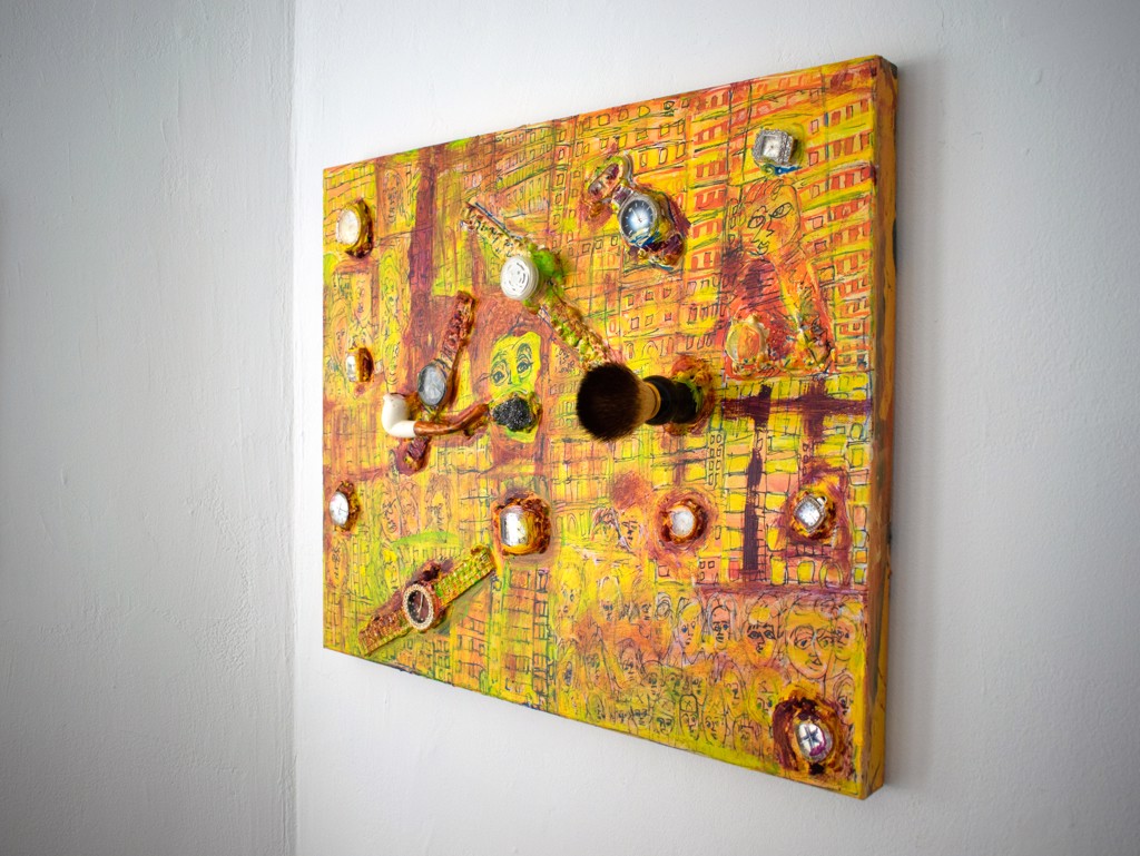 White abstract acrylic and found object painting