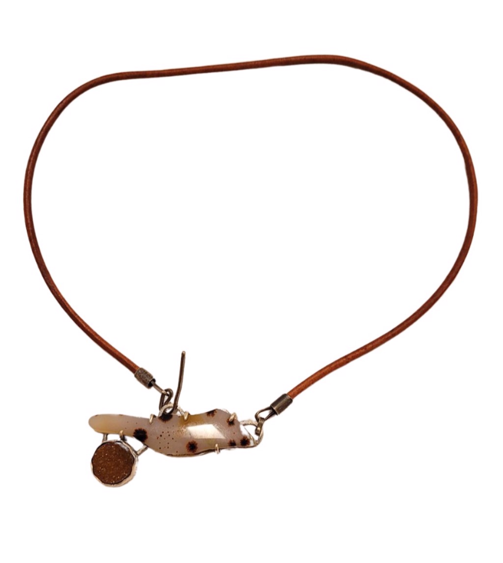 Pendant-Montana Agate With Brazillian Druzy on 21" Leather Cord by Annette Campbell