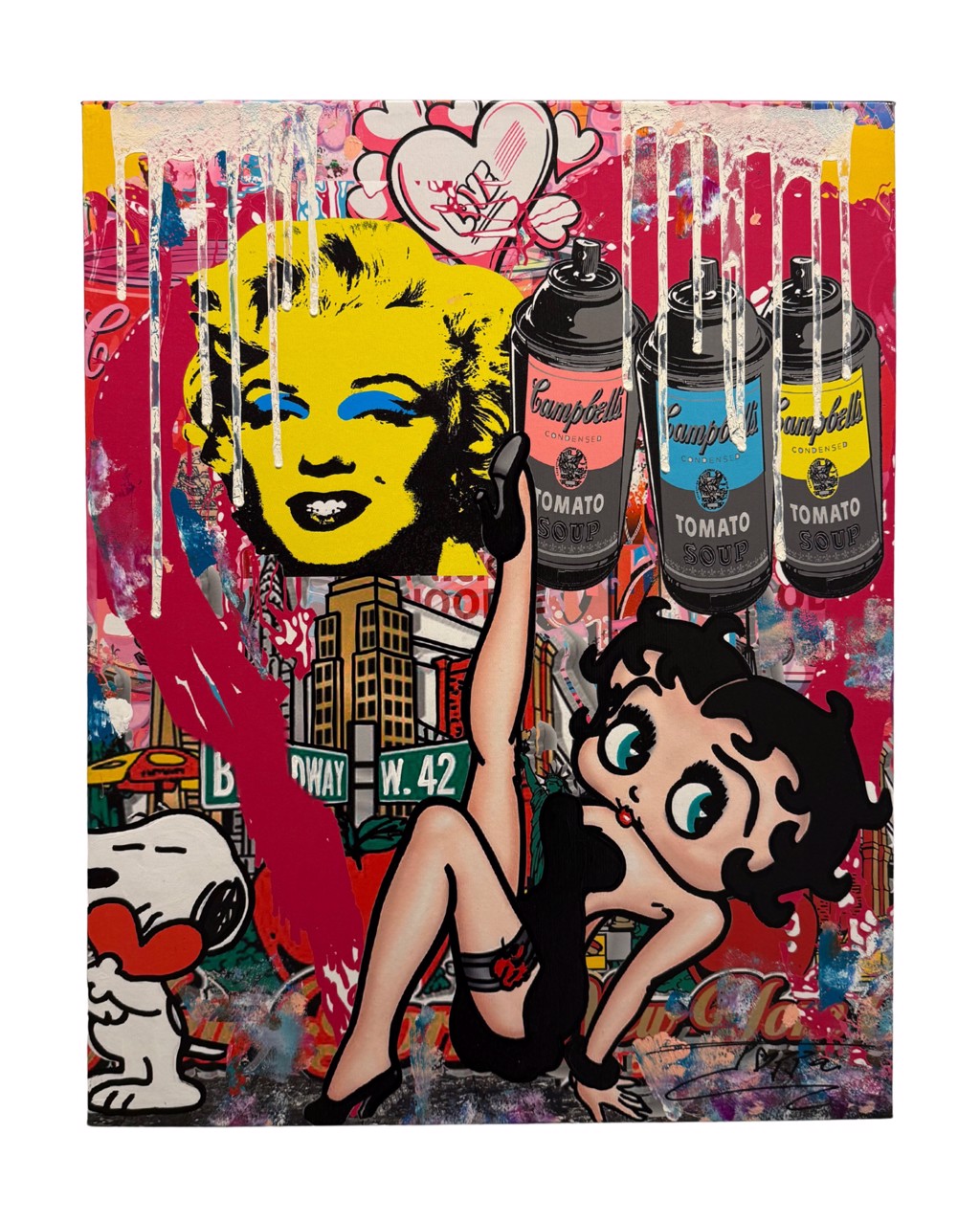 Jozza, Street Dancer: Betty Boop with one leg raised beneath a yellow Marilyn Monroe portrait amid paint cans, lettering, and drips.