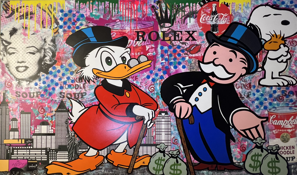 Jozza New York Style: Scrooge McDuck and Mr. Monopoly with money bags amid a skyline and layered pop imagery.