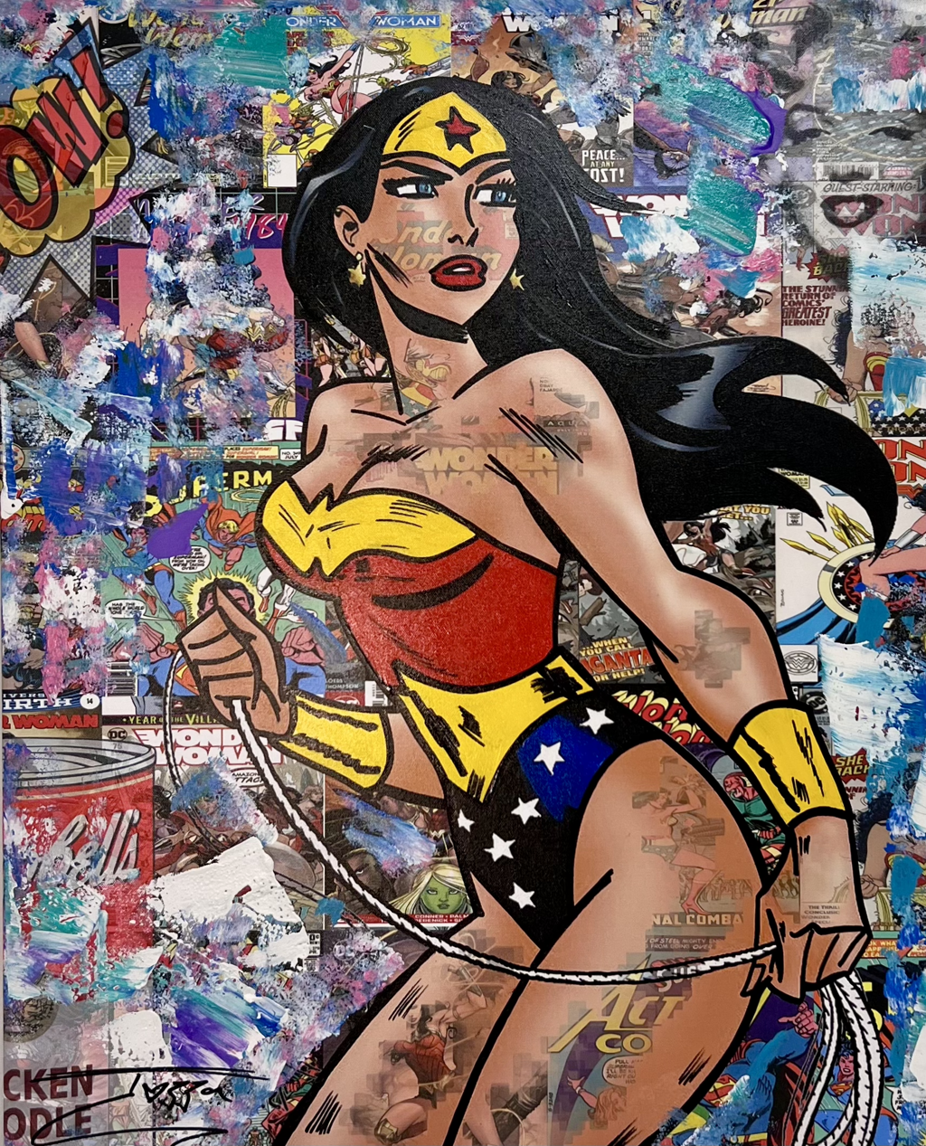 Jozza, Wonderwoman: Wonder Woman holding a lasso with black hair streaming right against blue, purple, and pink graphic layers.