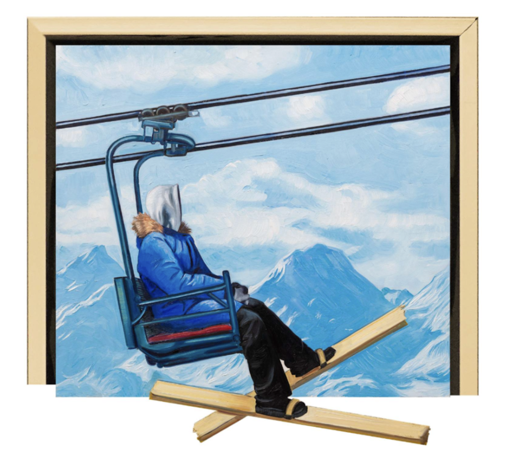 Hijack Skier: a figure in a blue jacket sits on a chairlift above snowy mountains, wearing gold frame pieces as skis beyond the lower edge.