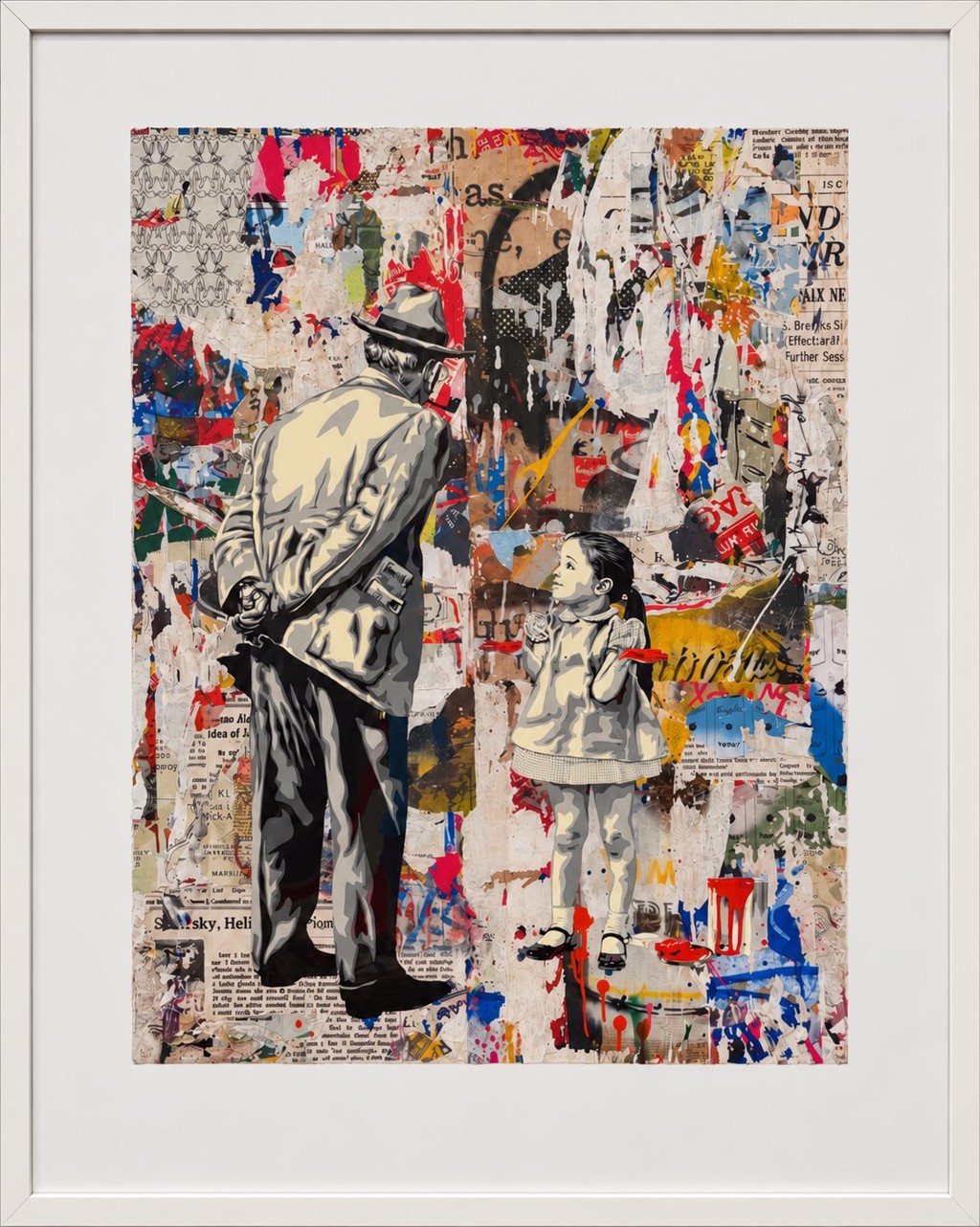 Mr. Brainwash Caught Red-Handed Hand Signed Unique (1/1): man in a hat facing a girl with a red-painted brush against a colorful layered background.