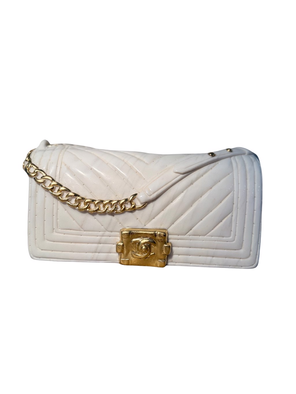Ayden Snider Gold Chanel Boy Bag: white marble handbag sculpture with diagonal quilted grooves, gold-toned chain, and rectangular clasp.