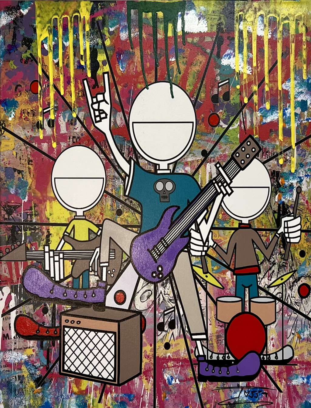 Jozza, Tribute to Prodoximo: three stylized musicians with white oval faces, a purple guitar, instruments, and an amplifier on a colorful dripping background.