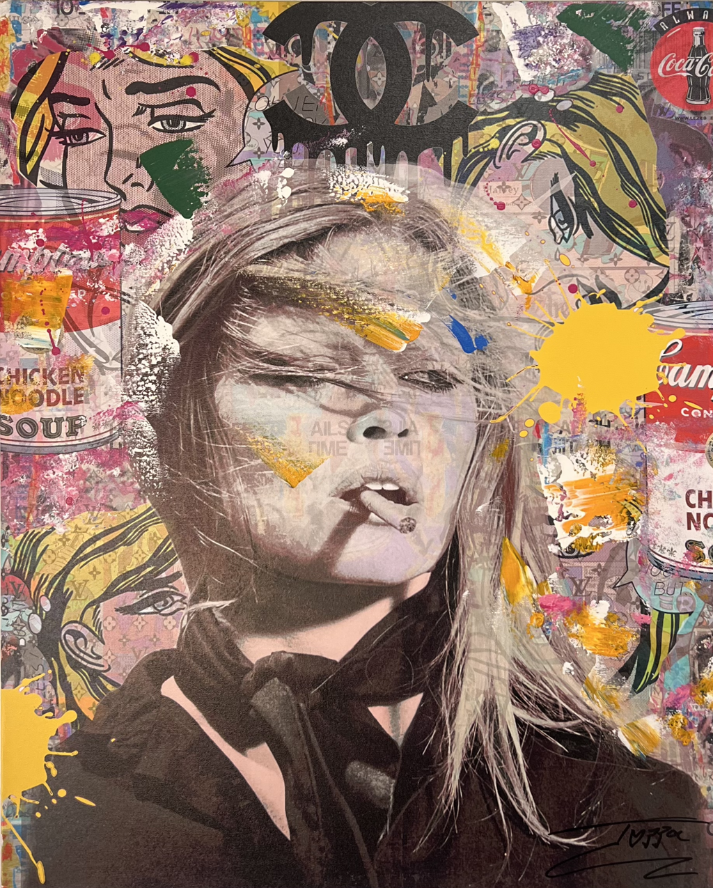Jozza, Chicken Soup: monochrome blonde woman smoking against comic-style faces, soup-can labels, and yellow paint accents.
