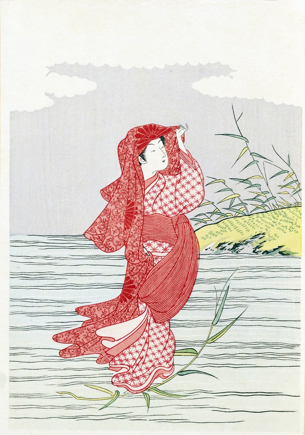 Parody of Bodhidharma crossing the sea on a reed by Suzuki Harunobu