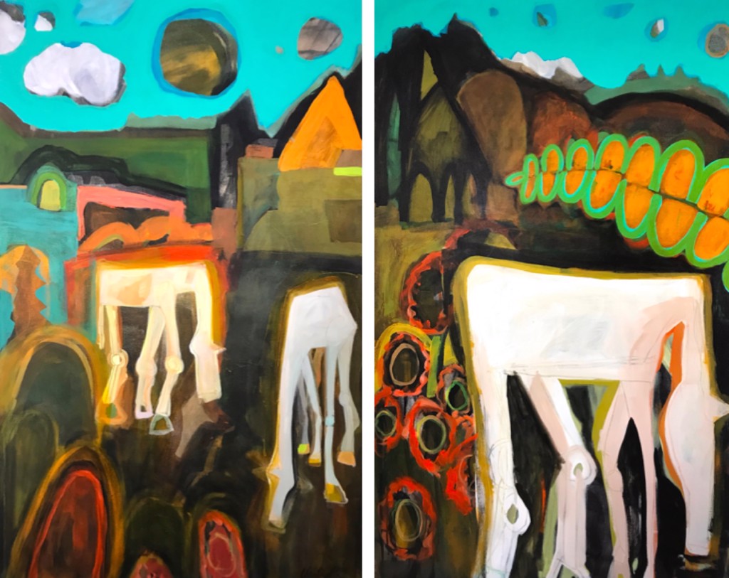 Three White Horses Near Rich Mountain (Diptych) by Rachael Van Dyke