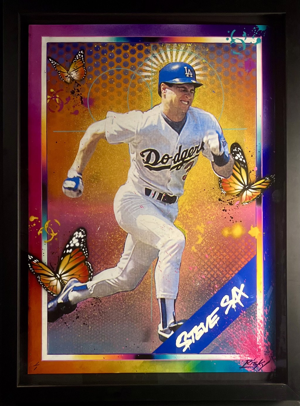 RISK Risk Topps Project 70 "Steve Sax": Steve Sax running in a white Dodgers uniform amid orange butterflies, dotted graphics, and an orange-pink background.