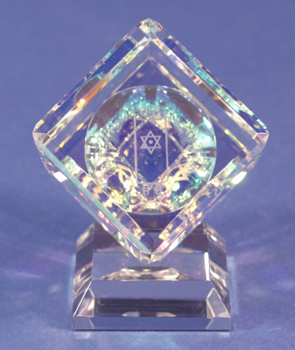 Crystal Cube 060mm with Judaic 3 sided images on Base by Harold