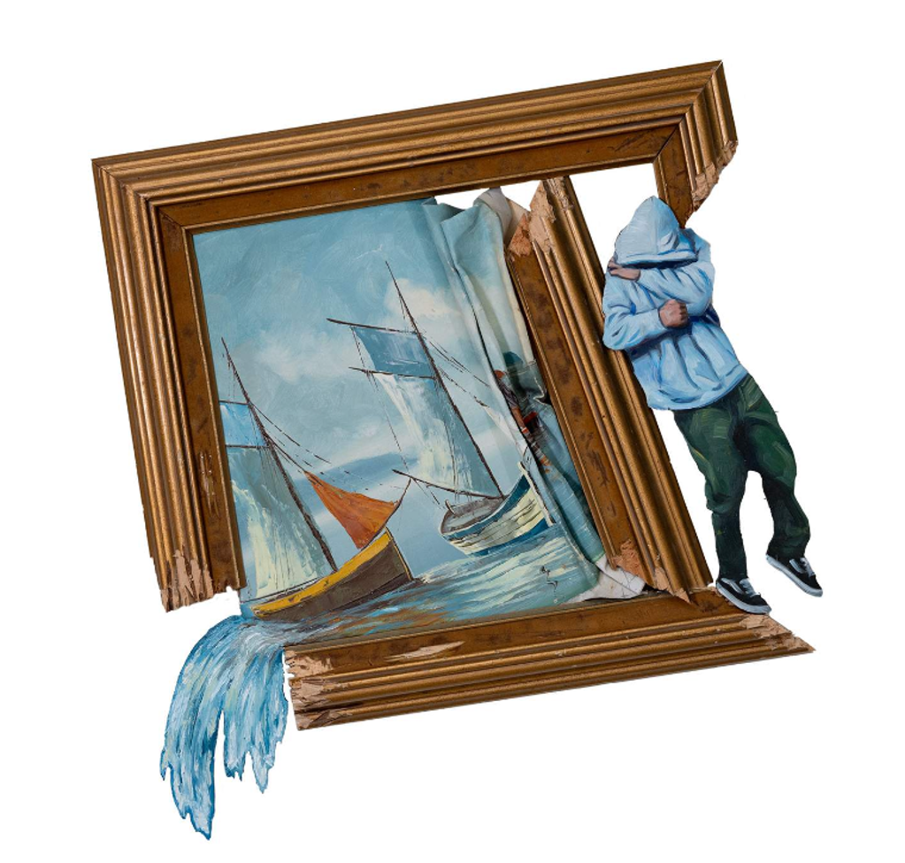 Hijack Ripped Tide: tilted framed sailboat scene with water spilling through a broken corner and a hooded figure hanging beside the right edge.