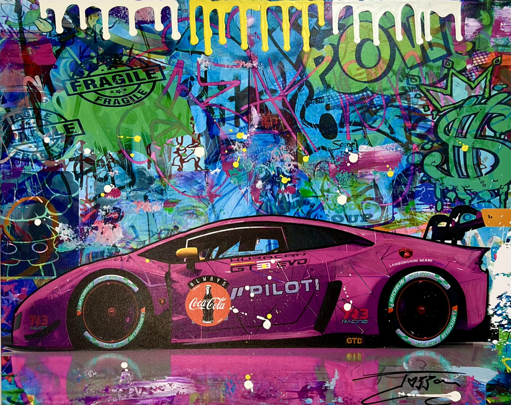 Jozza, Racing Collection No.1: magenta sports car beneath blue and green graphic marks, dollar signs, comic lettering, and bright drips.