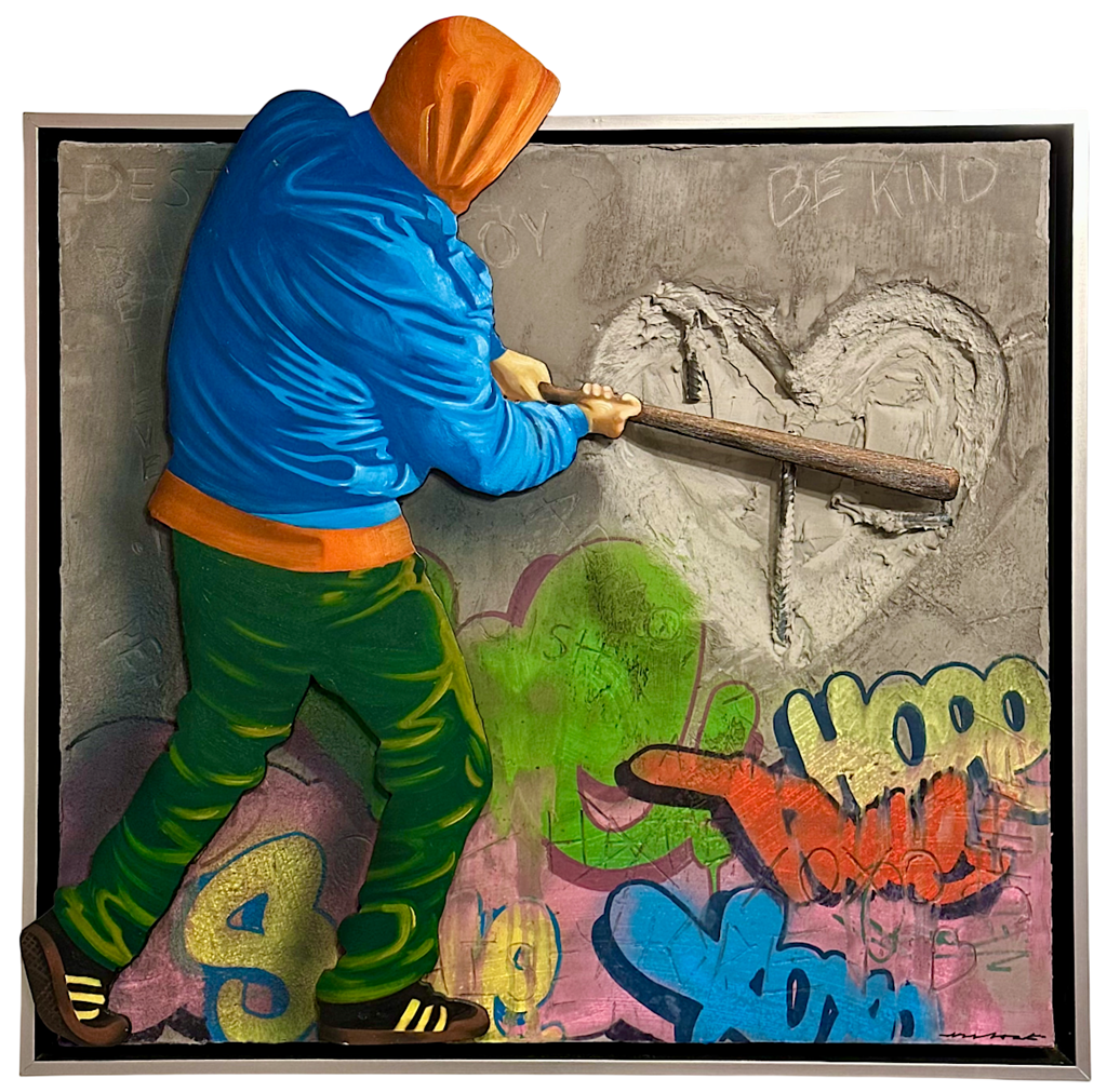 Hijack Beating Heart: a figure in a blue jacket and orange hood holds a bat against a heart on a graffiti-covered wall.