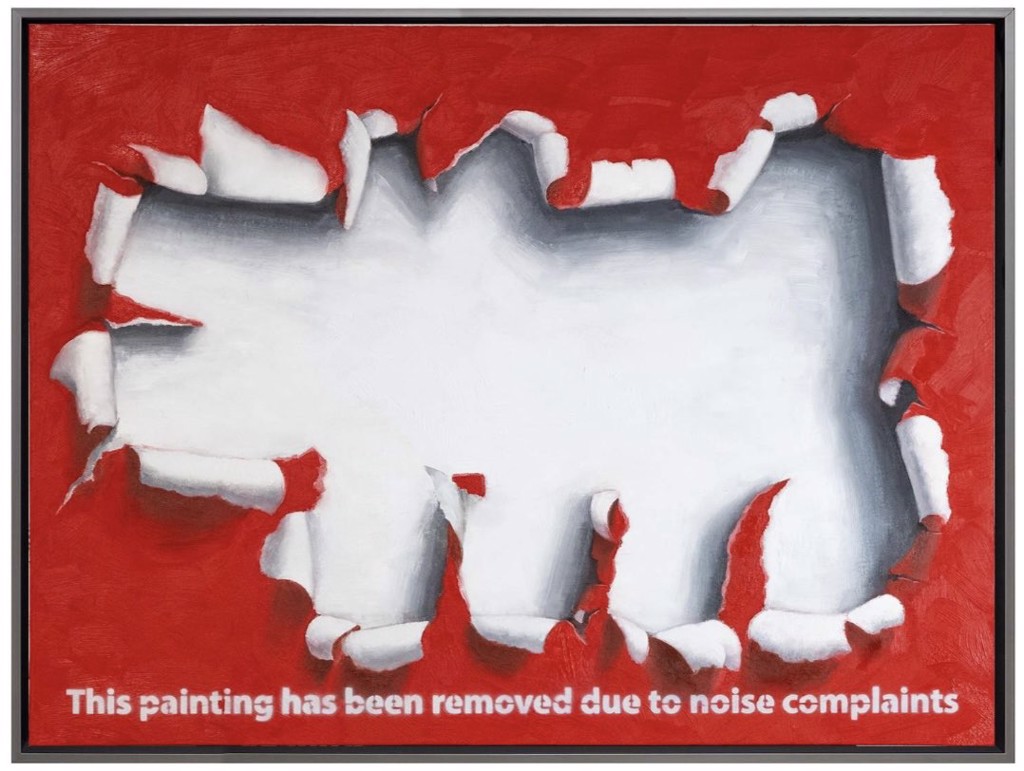 Hijack Noise Complaints: white torn-looking opening with curled edges on a red background above a notice about removal due to noise complaints.