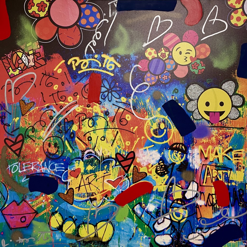 BRITTO Studio Fanfare 2: smiling flowers, hearts, handwritten words, and colorful layered paint marks.
