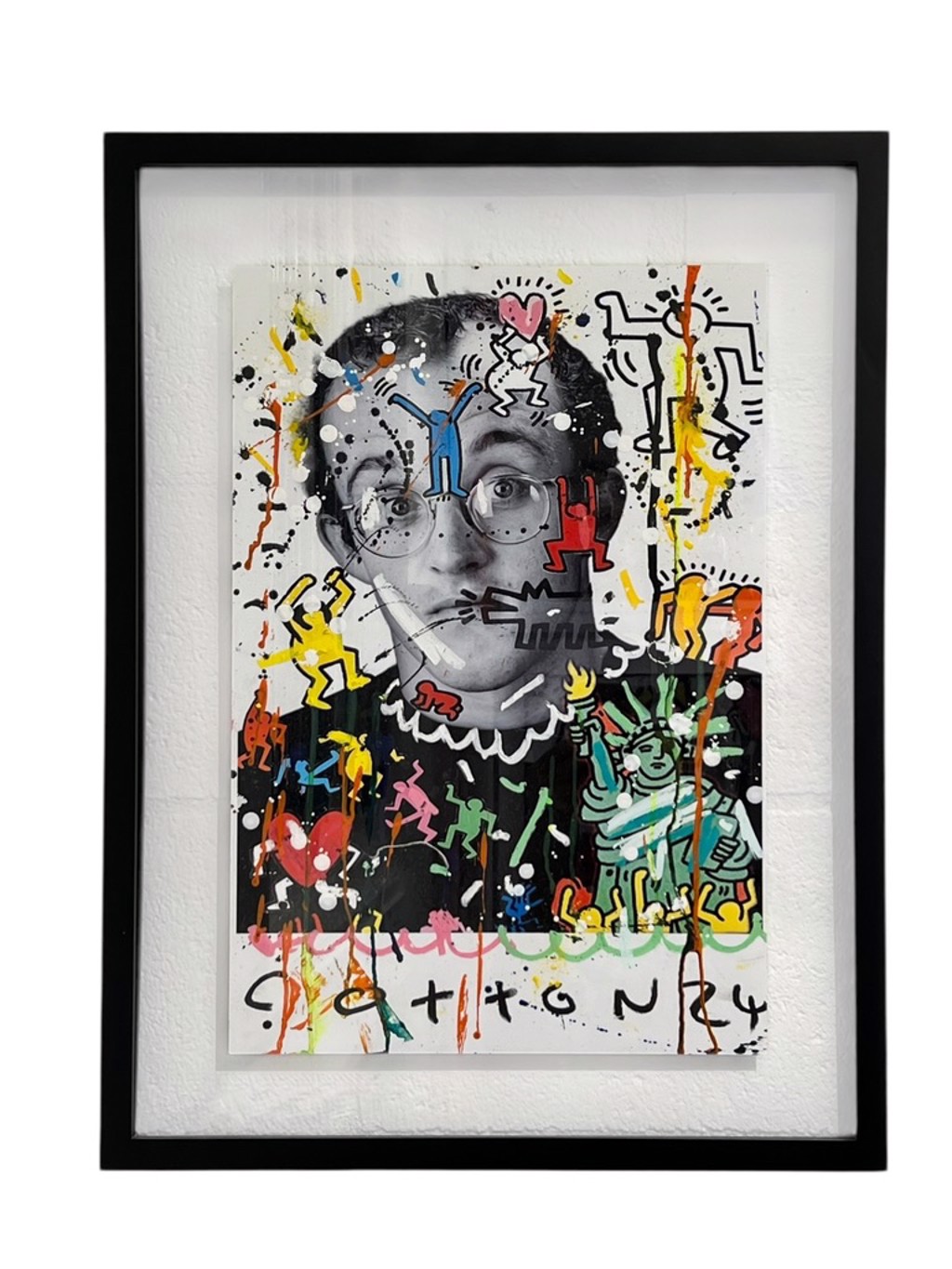 Andrew Cotton Haring: Monochrome Keith Haring portrait layered with colorful graffiti-like lines and symbols, shown in a black frame.