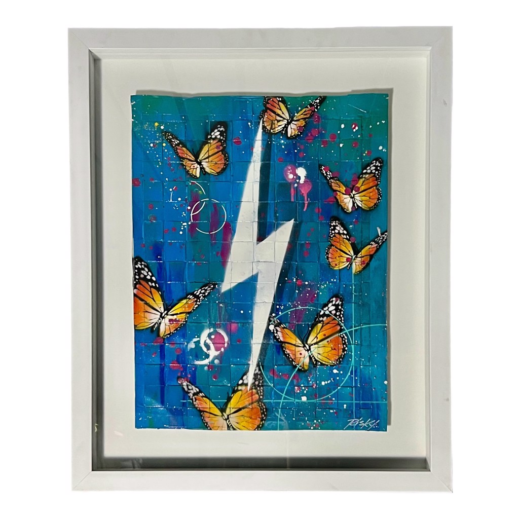 RISK White Lightning: White lightning bolt and orange butterflies on a turquoise-blue woven-paper ground.
