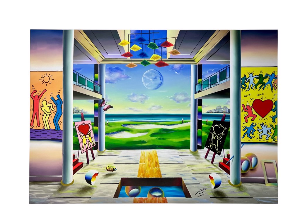 Ferjo The House of Joy: two-level surreal gallery with colorful figure paintings opening onto green land and blue sea.