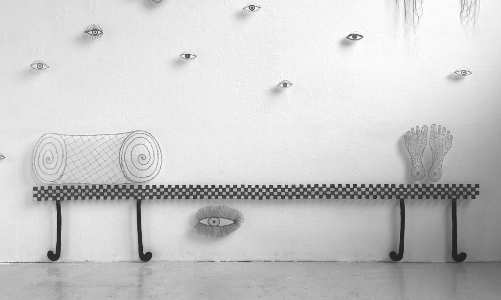 Meandering Thoughts: Sofa with Cushion, Two Feet, and Big Eye by Karola Pezarro