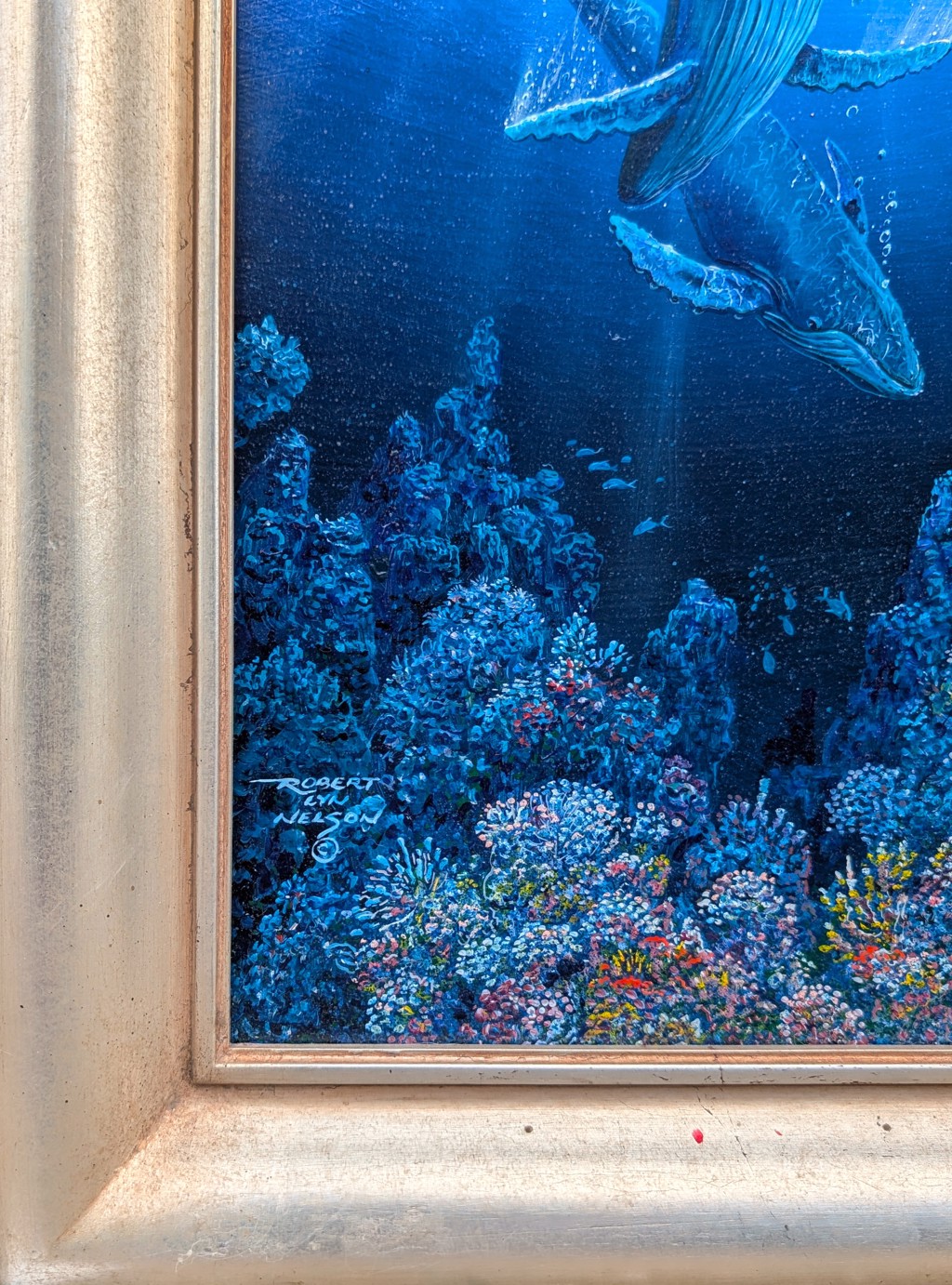 Contemporary Colorful Tropical Ocean Landscape with Whales by