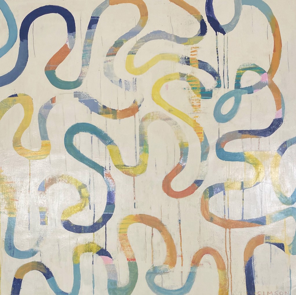 Mixed Media of multi-colored curvy lines against an off-white background.