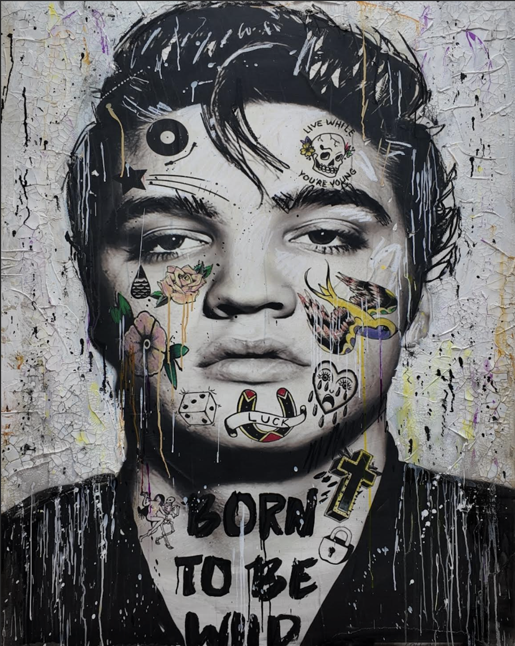 Andrew Cotton King: grayscale Elvis portrait with tattoo-like roses, bird, dice, horseshoe, lettering, and fine paint drips.