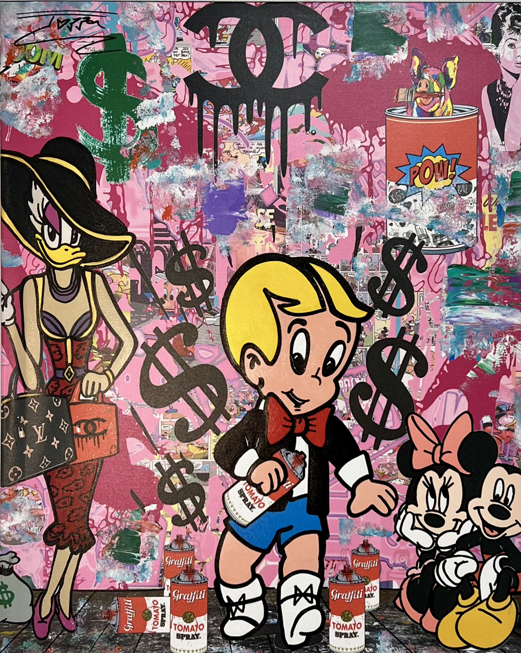 Jozza, Cash Only: Richie Rich surrounded by dollar signs, Olive Oyl, Mickey and Minnie Mouse, and fashion imagery on pink.