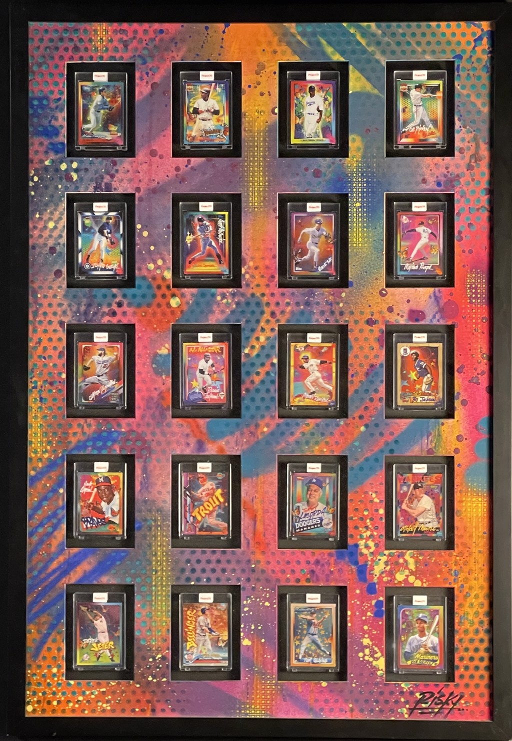 RISK Risk Topps Project 70 “Card Collection”: grid of baseball cards in black surrounds over a bright multicolored patterned background within a black frame.