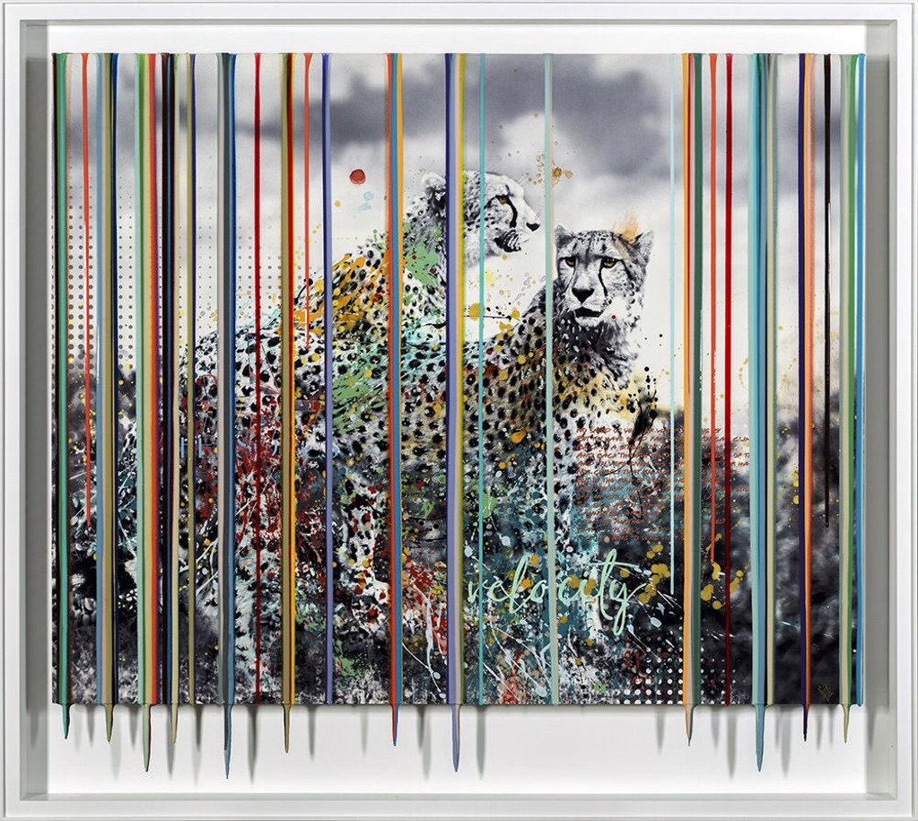 Srinjoy Cheetah II: two cheetahs behind multicolored vertical strips and layered paint textures in a silver-colored frame.