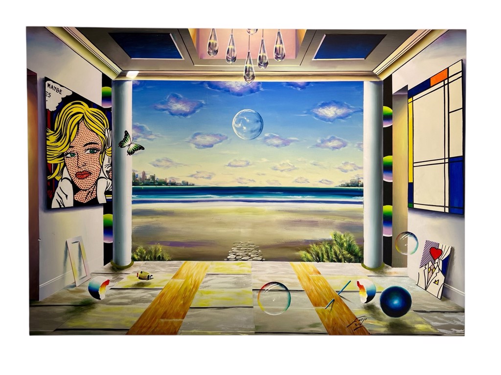 Ferjo Moon over the Open Gallery: open gallery facing a moonlit shoreline, flanked by a comic portrait and geometric painting.