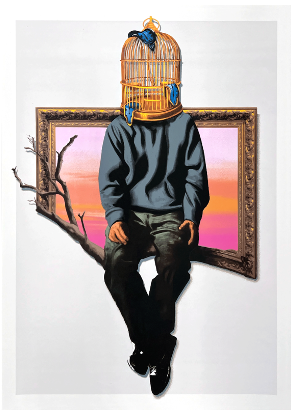 Hijack The Construct (Pink-Edition): Birdcage-headed figure seated on a branch emerging from an ornate frame containing a pink-and-orange sky.