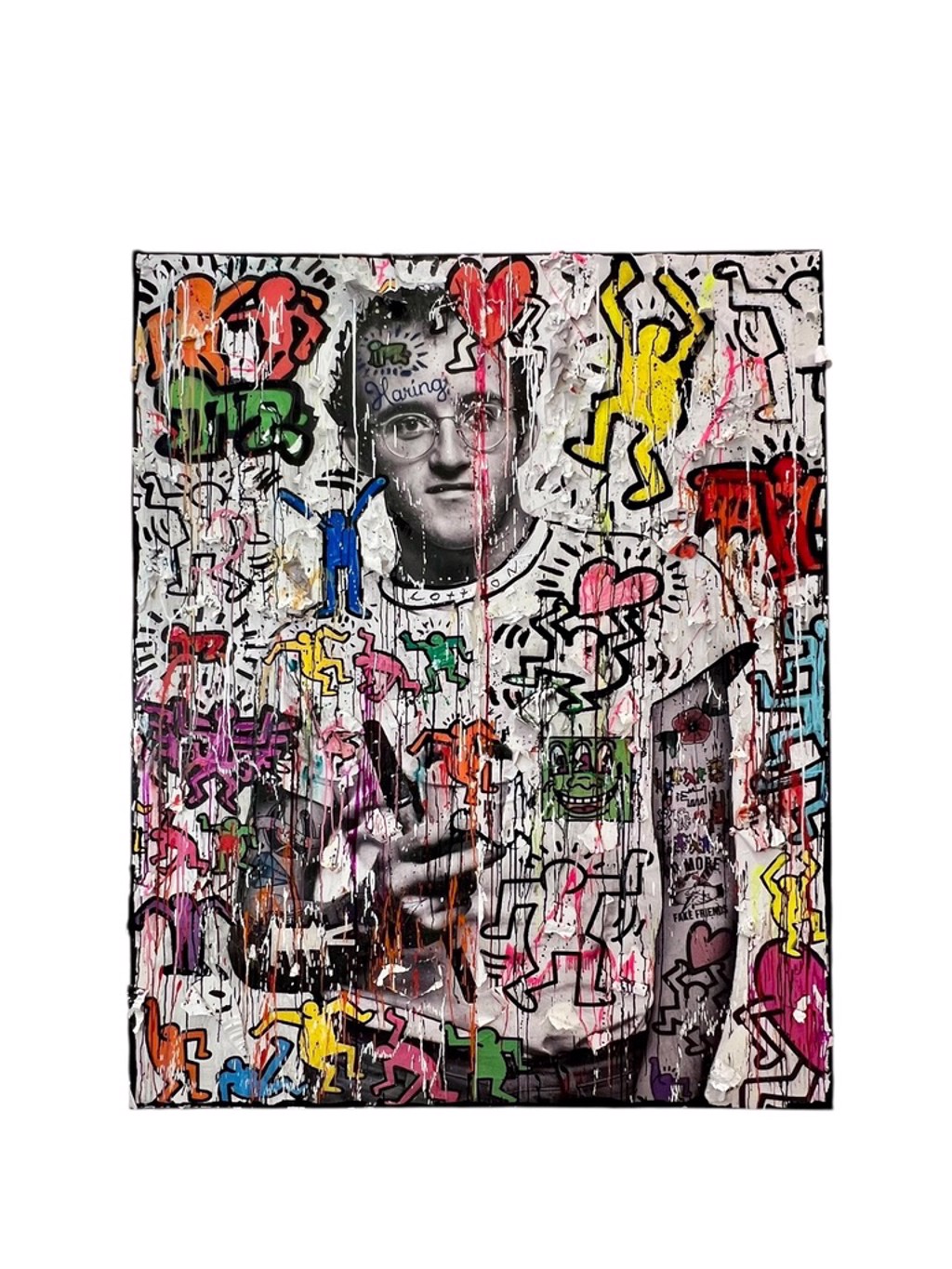 Andrew Cotton Haring: Keith Haring portrait with glasses amid outlined figures, colorful hearts, graffiti lettering, and vertical paint drips.