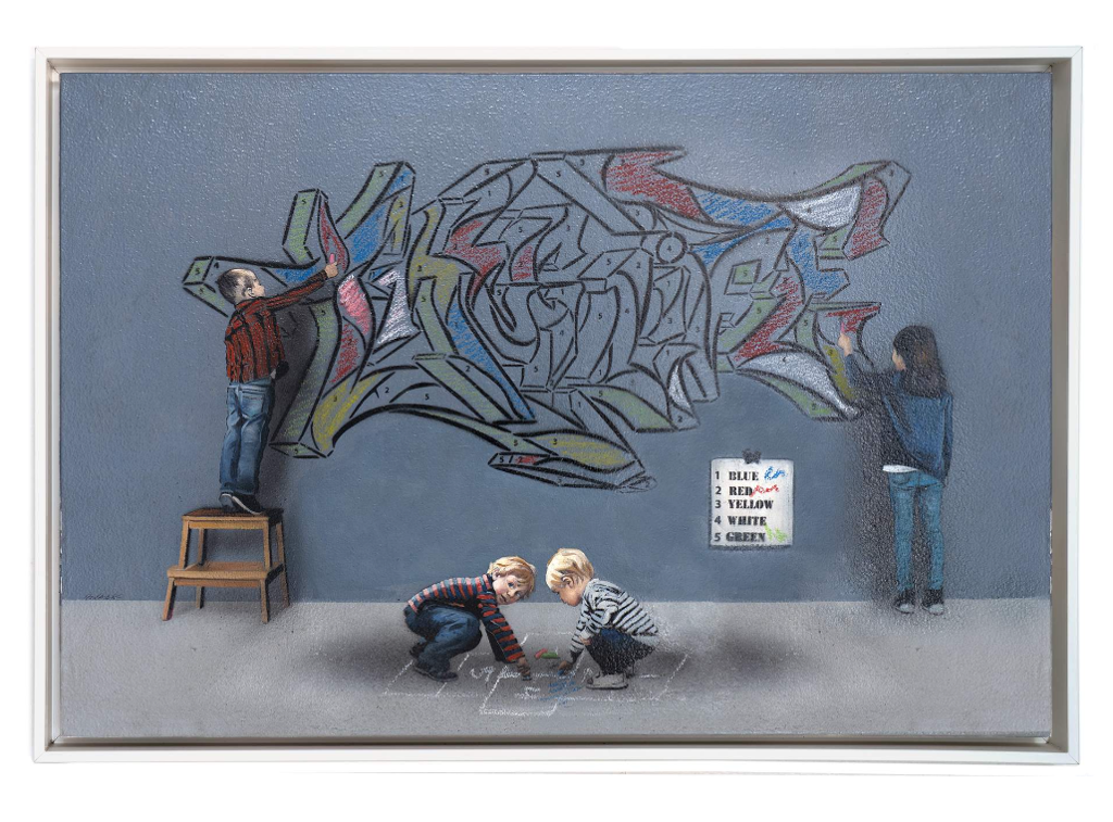 Hijack Thug Life: children paint colorful graffiti on a gray wall while two children crouch over chalk markings in the foreground.