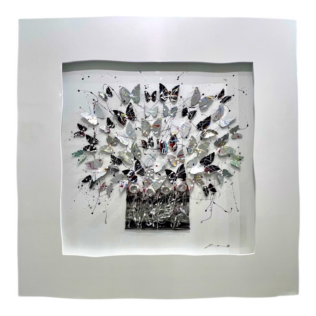 Oz El Hai Tubes Bouquet: black, white, and silver-toned butterflies above paint tubes, framed in white.